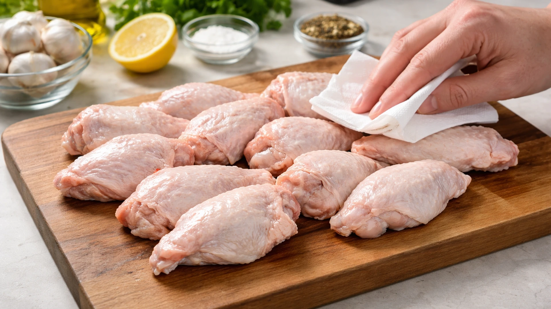 Сырые куриные крылышки обсушивают бумажными полотенцами на деревянной доске