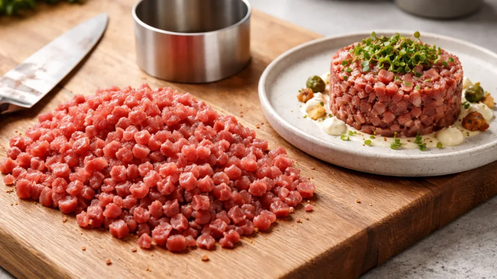 Мелкая нарезка кубиком для тар тара на доске