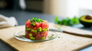 Фото рецепта: Тартар из арбуза с авокадо и кунжутной заправкой как в ресторане