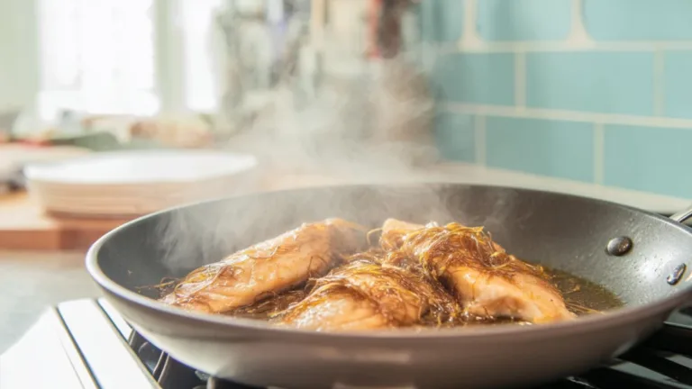 Фото блюда: Тилапия по-азиатски с имбирем и соевым соусом на сковороде