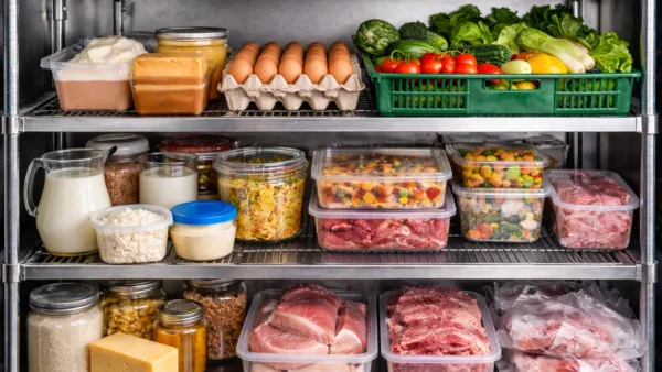 Правильное товарное соседство продуктов питания в холодильнике по нормам СанПиН с раздельным хранением мяса рыбы молочных продуктов и овощей