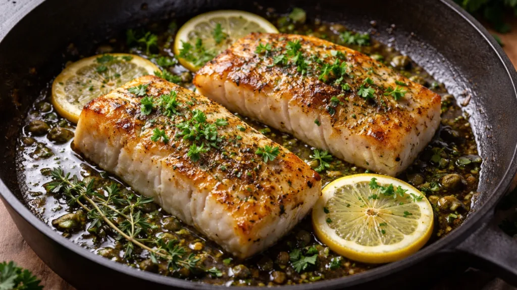 Треска на сковороде с зеленью и лимоном