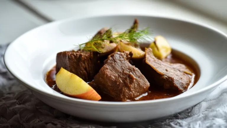 Фото блюда: Тушёная говядина с яблоками в густом соусе как в ресторане