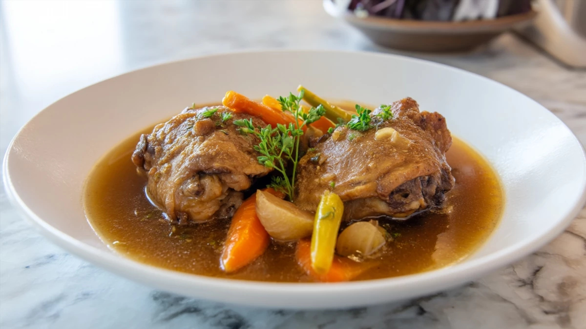 Фото блюда: Тушеные бедра индейки с овощами: нежное мясо в ароматном бульоне