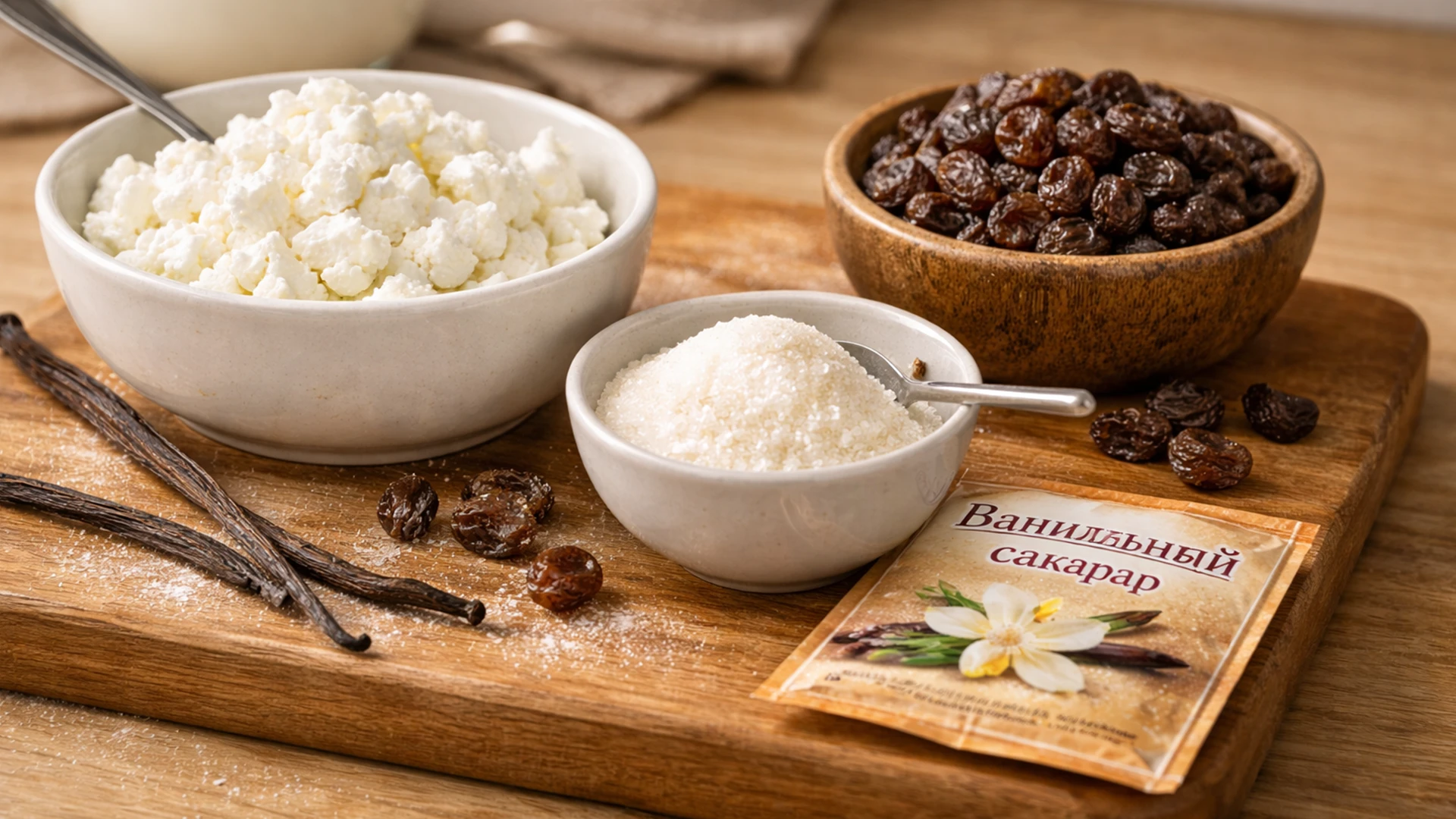 Подготовка ингредиентов для блина с творогом и изюмом