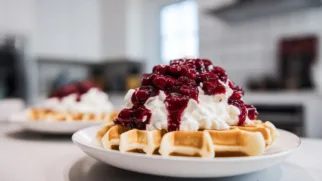 Фото рецепта: Вафли с ягодным соусом и сливками – идеальный завтрак или десерт