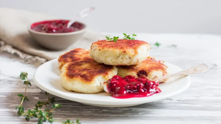 Фото блюда: Ванильные сырники с румяной корочкой и ягодным соусом