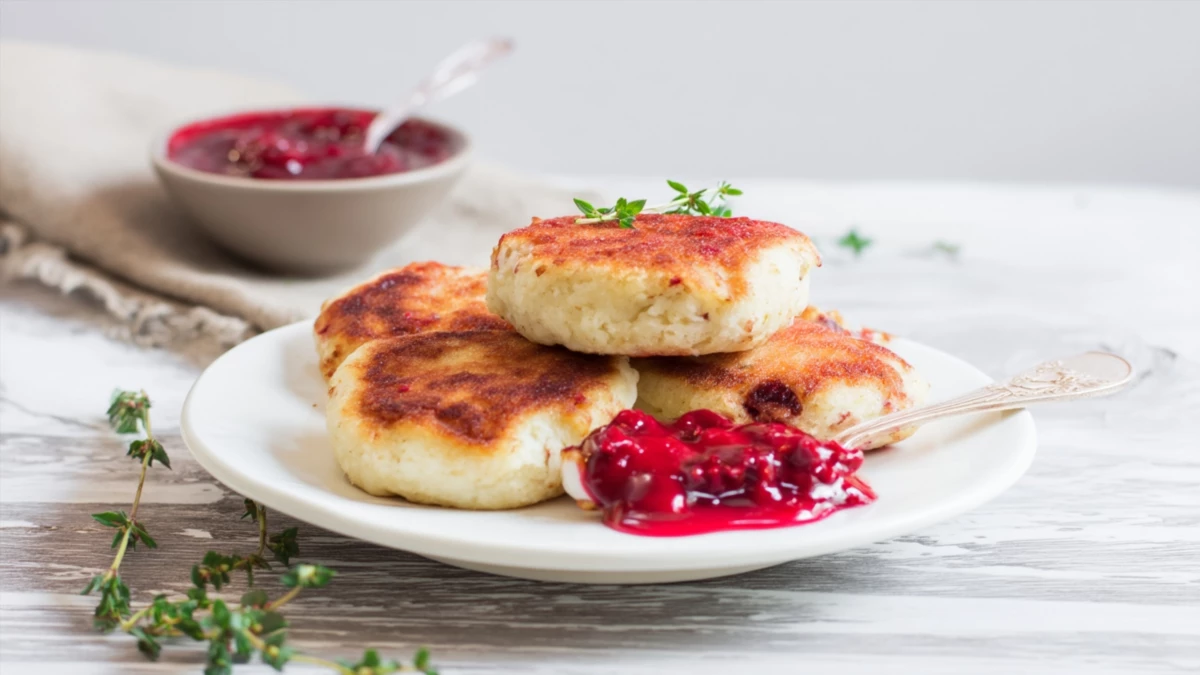 Фото блюда: Ванильные сырники с румяной корочкой и ягодным соусом