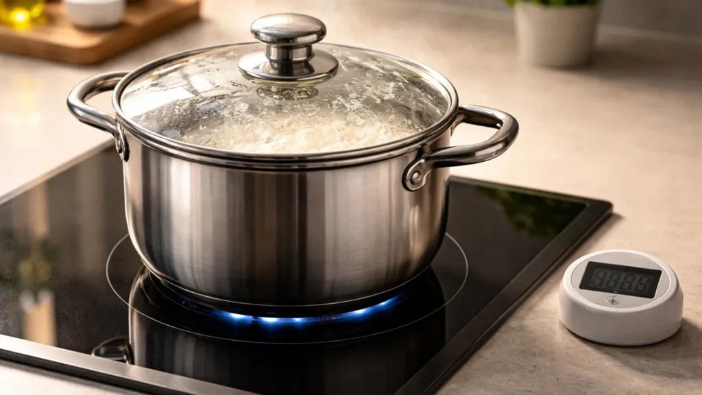 Варка риса в кастрюле под крышкой на минимальном огне