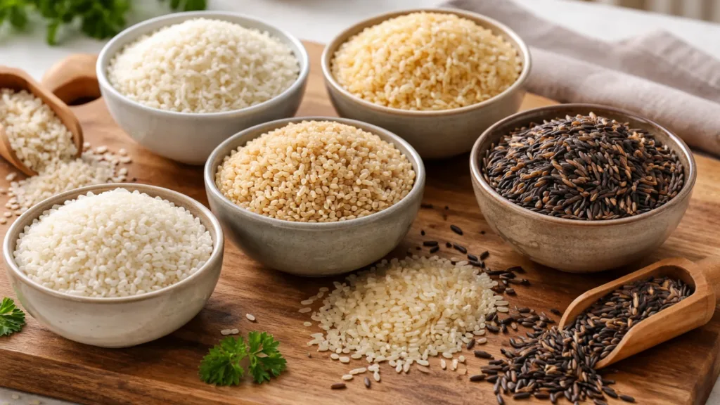 Виды риса: длиннозёрный, круглозёрный, бурый, пропаренный и дикий