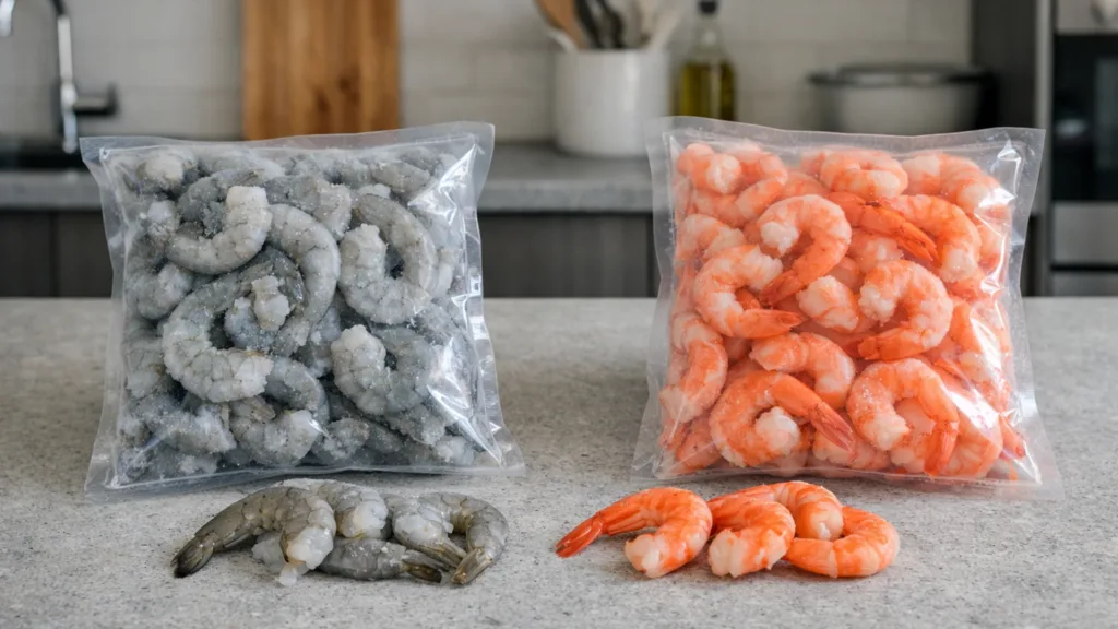 Сырые и варёно-мороженые креветки для сравнения: серые и розовые креветки в упаковках на столе современной кухни