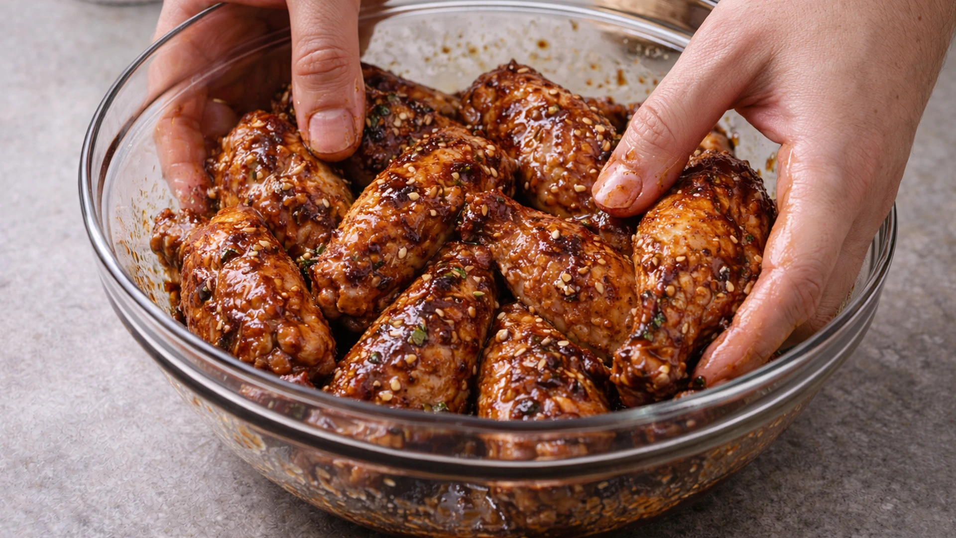 Куриные крылышки в миске перемешивают с медово соевым маринадом руками