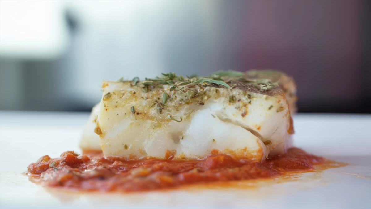 Фото блюда: Запеченная треска в пассерованных томатах: нежное филе под ароматным соусом