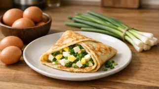 Фото рецепта: Блин с зеленым луком и яйцом на легкий и сытный завтрак