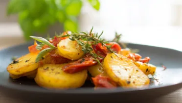 Фото блюда: Жареная картошка с солёными помидорами: хрустящая, ароматная, по домашнему вкусная