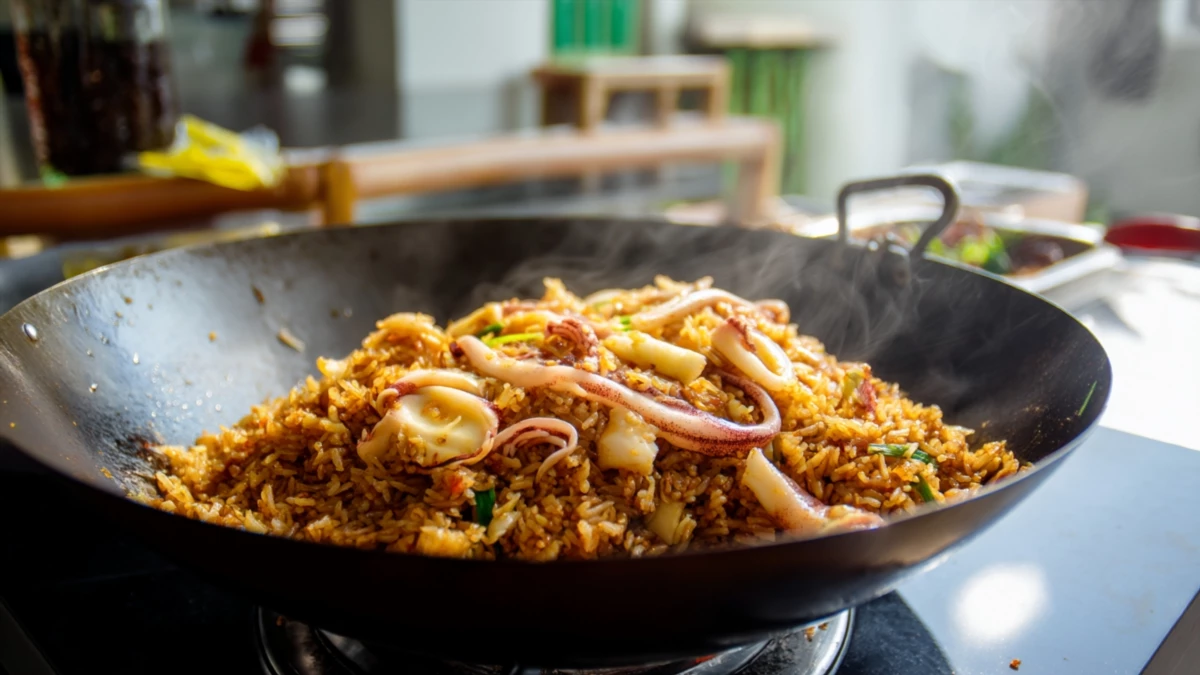 Фото блюда: Жареный рис с кальмарами на пальмовом масле с насыщенным вкусом моря