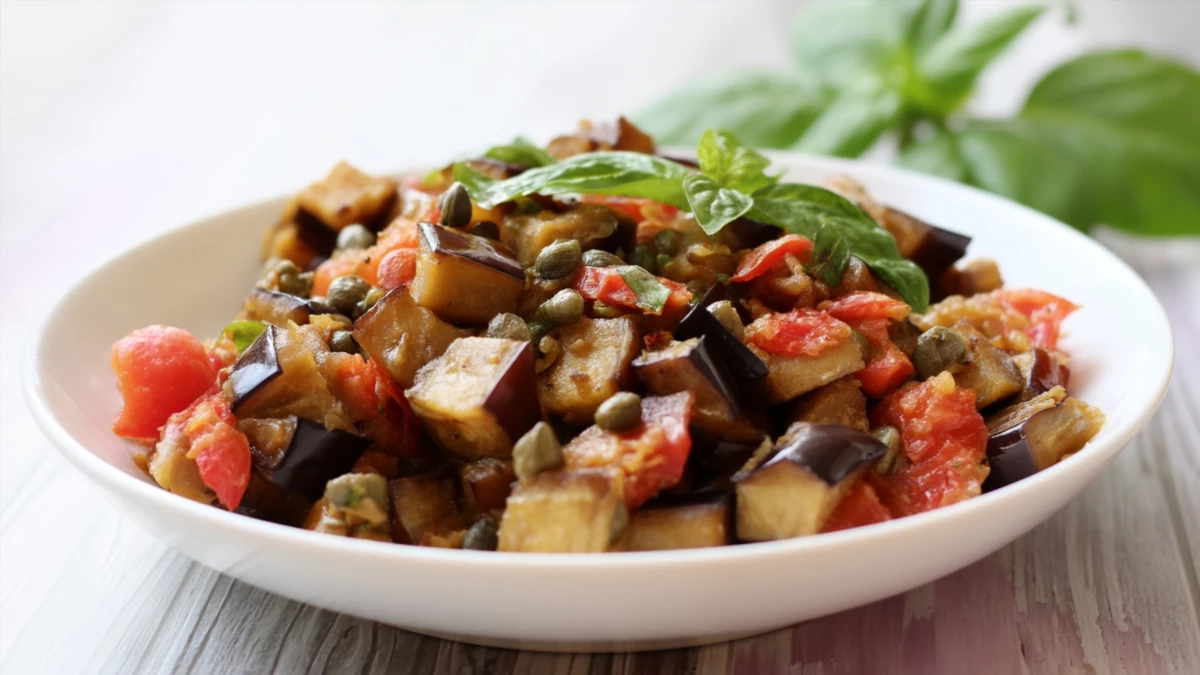 Фото блюда: Баклажаны с каперсами — Рецепт с томатами и базиликом