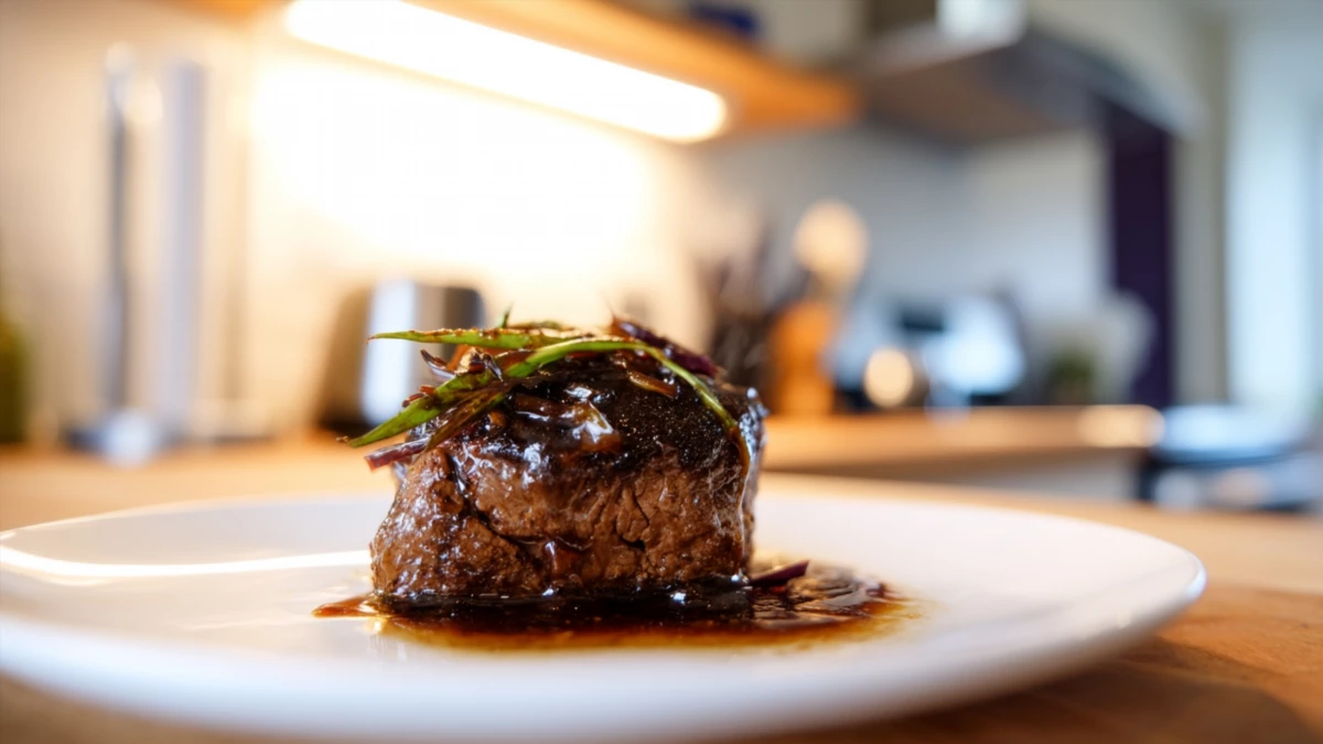 Фото блюда: Бифштекс под винным соусом с глубоким мясным вкусом