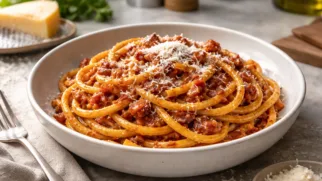 Фото рецепта: Сочные букатини аматричана с гуанчале и пекорино