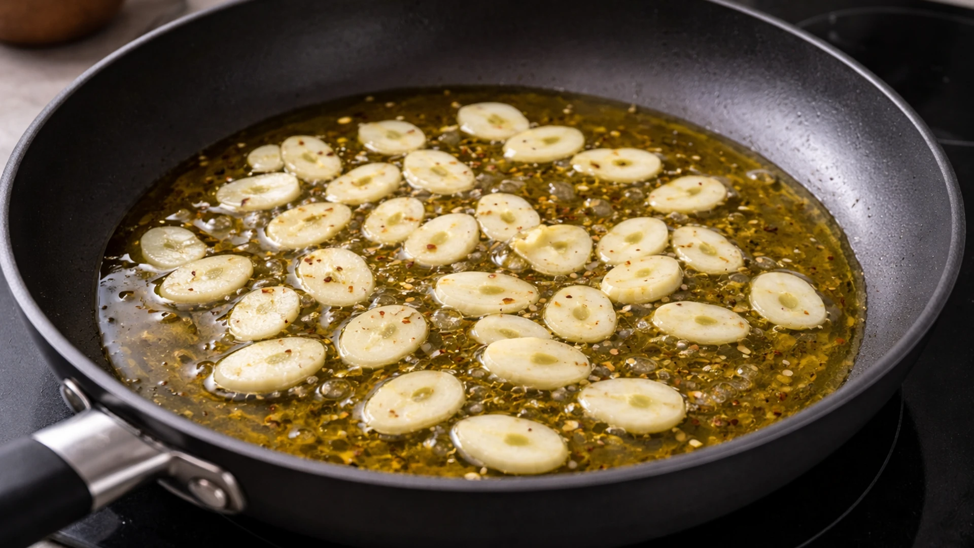 Прогреть масло с чесноком