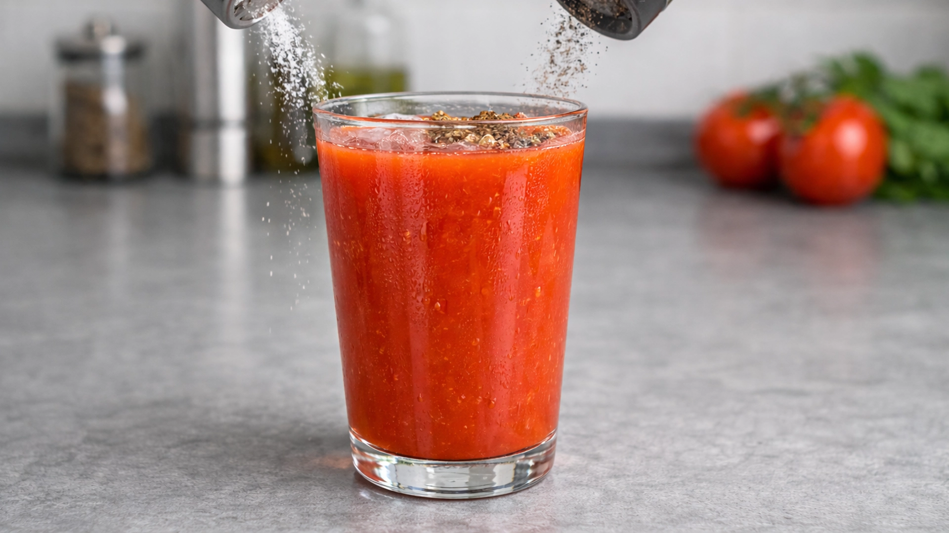 добавление соли и перца в томатный коктейль