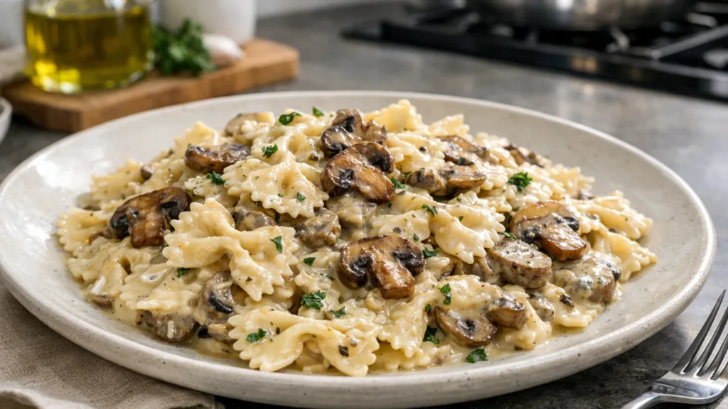 Фарфалле в густом сливочно грибном соусе на керамической тарелке в современной кухне