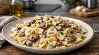 Фото рецепта: Нежные фарфалле в бархатном сливочно грибном соусе