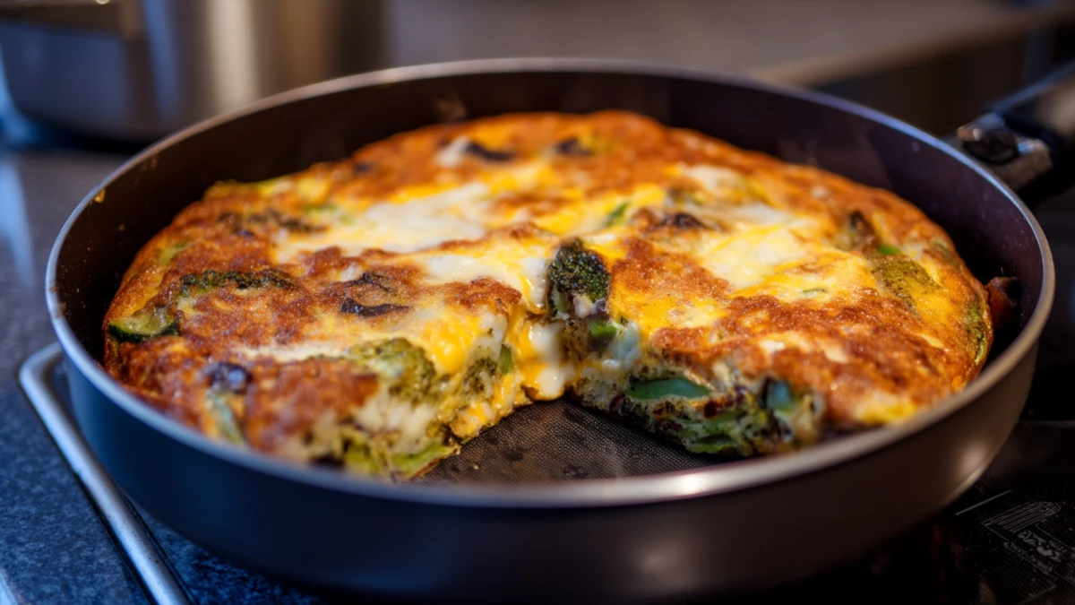 Фото блюда: Овощная сырная фриттата на сковороде для сытного завтрака