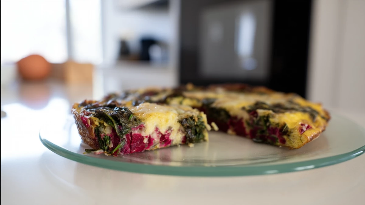 Фото блюда: Фриттата со свёклой листовой и пармезаном – Пикантный завтрак с нежной текстурой
