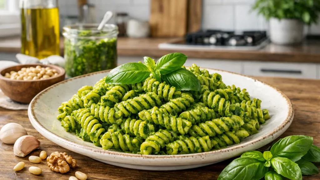 Фузилли с соусом песто на керамической тарелке с листьями базилика и орехами на фоне современной кухни