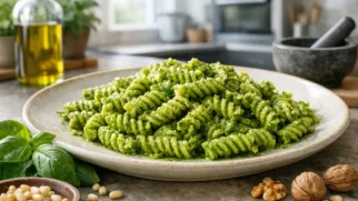 Фото рецепта: Ароматные фузилли с ярким соусом песто из свежего базилика