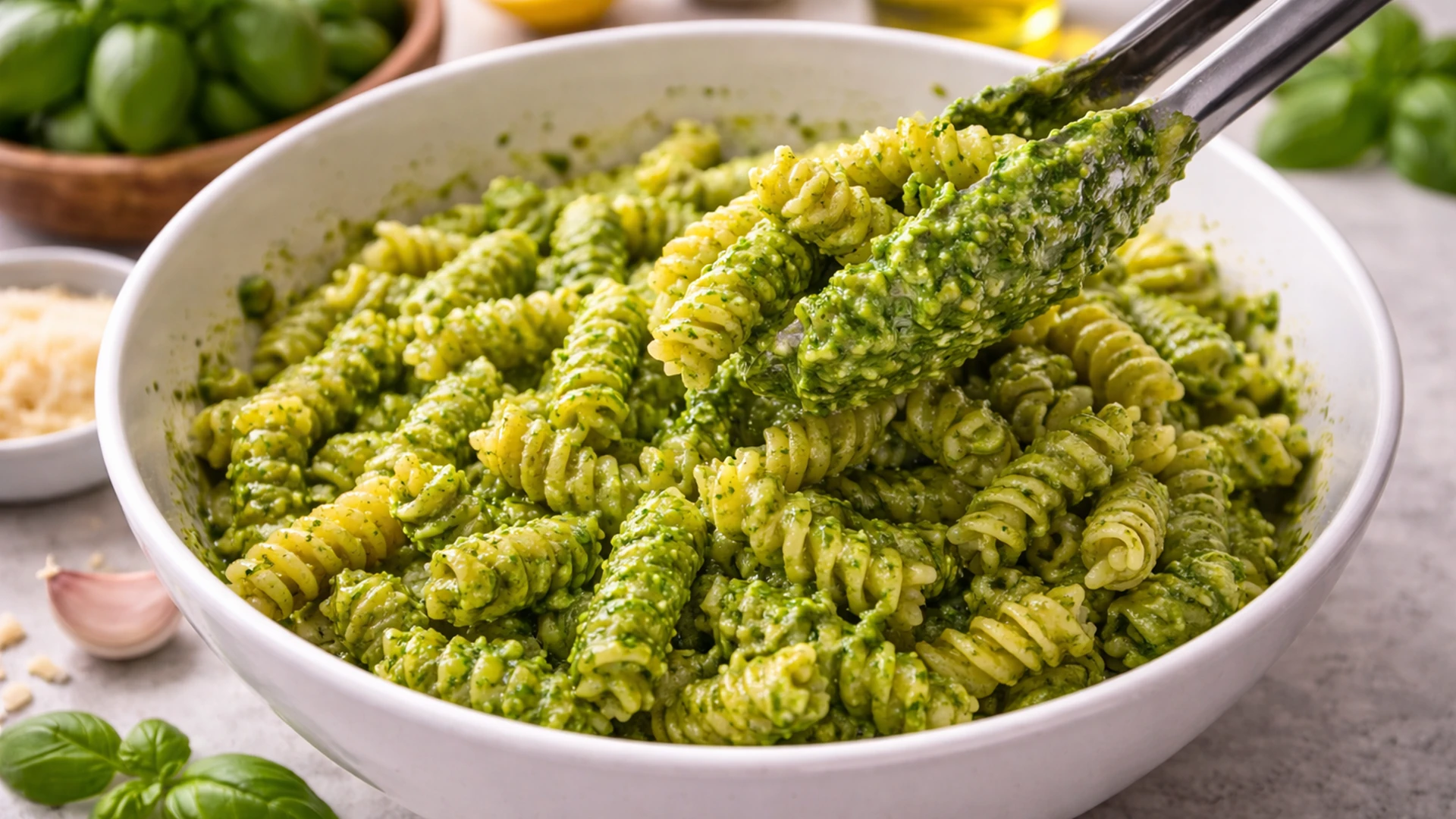 Соединить пасту с песто