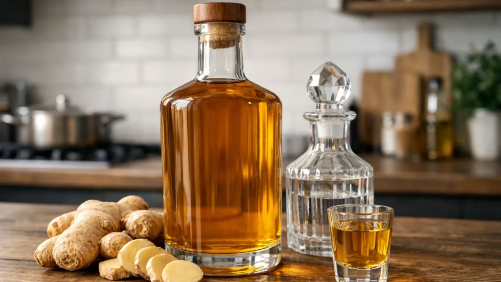 Имбирная алкогольная настойка в стеклянной бутылке