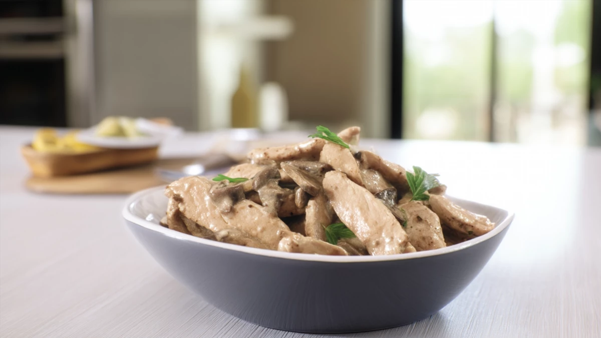 Фото блюда: Нежная индейка в сливочном соусе с грибами для уютного ужина