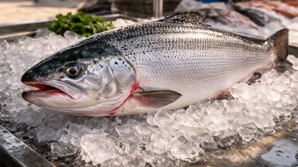 Целая красная рыба на рынке