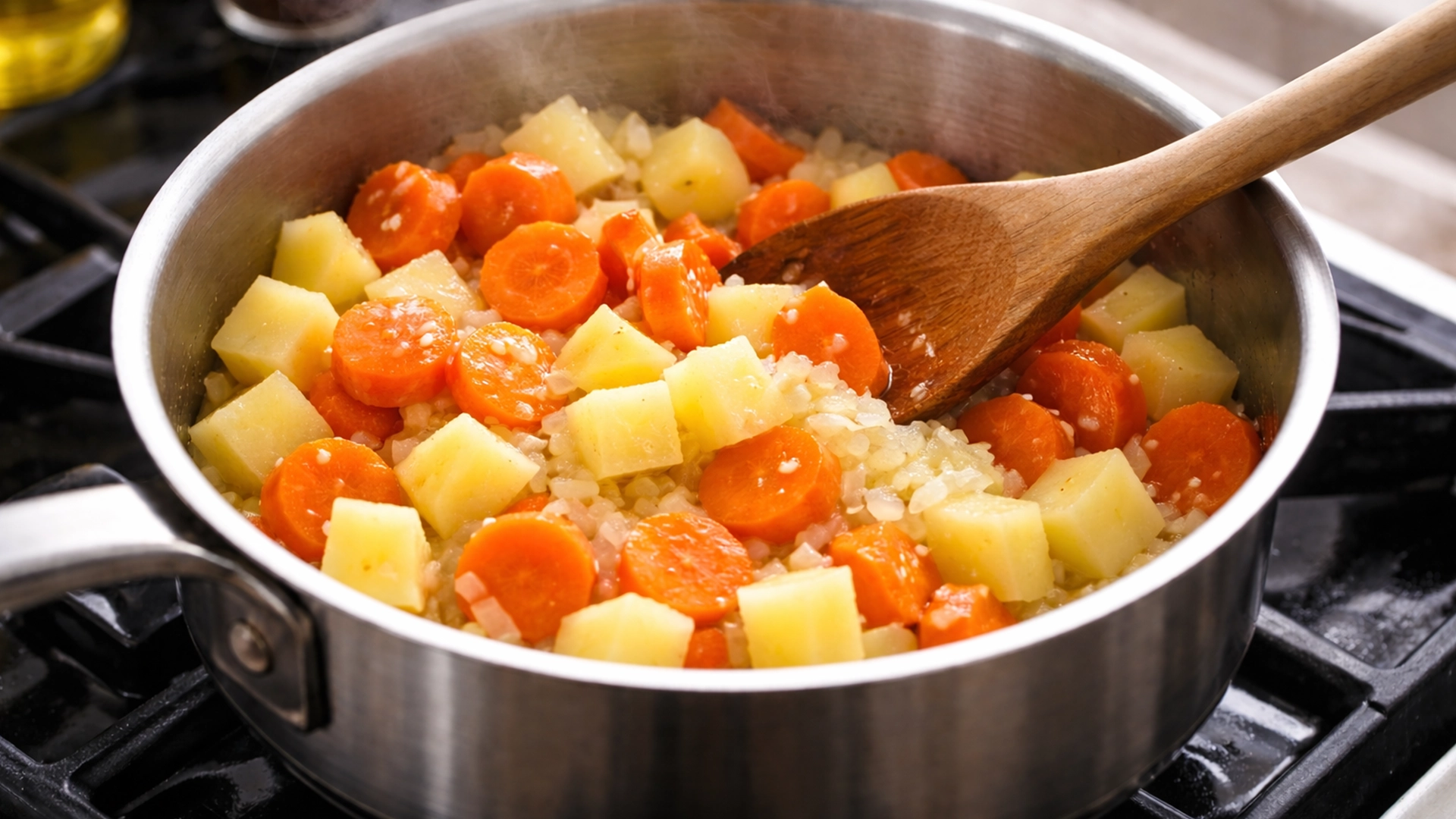 Картофель и морковь добавлены к обжаренному луку
