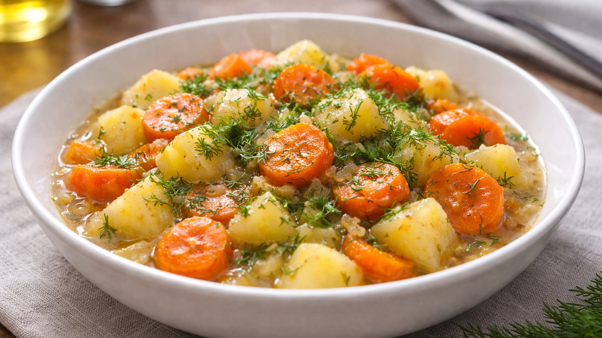 Готовое овощное рагу с укропом в тарелке