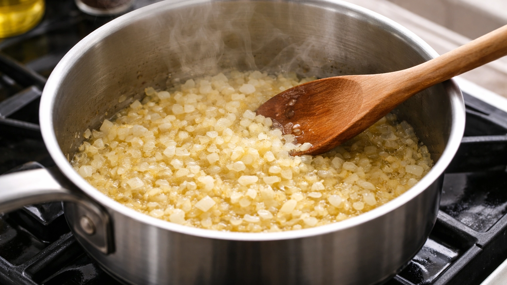 Обжаривание лука в кастрюле до золотистого цвета