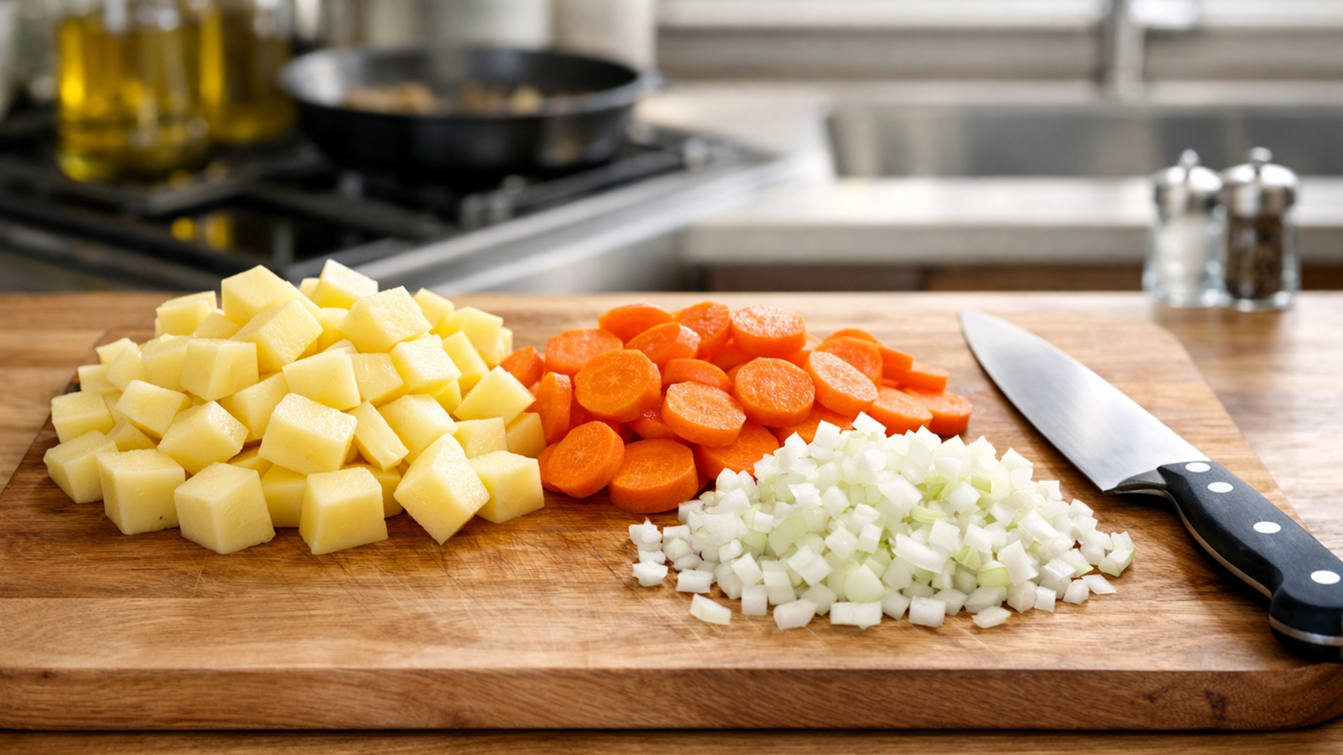 Нарезанный картофель, морковь и лук для овощного рагу