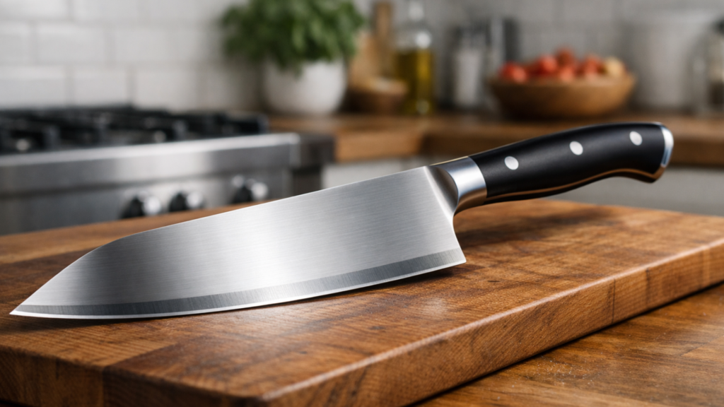 Поварской шеф нож на деревянной доске