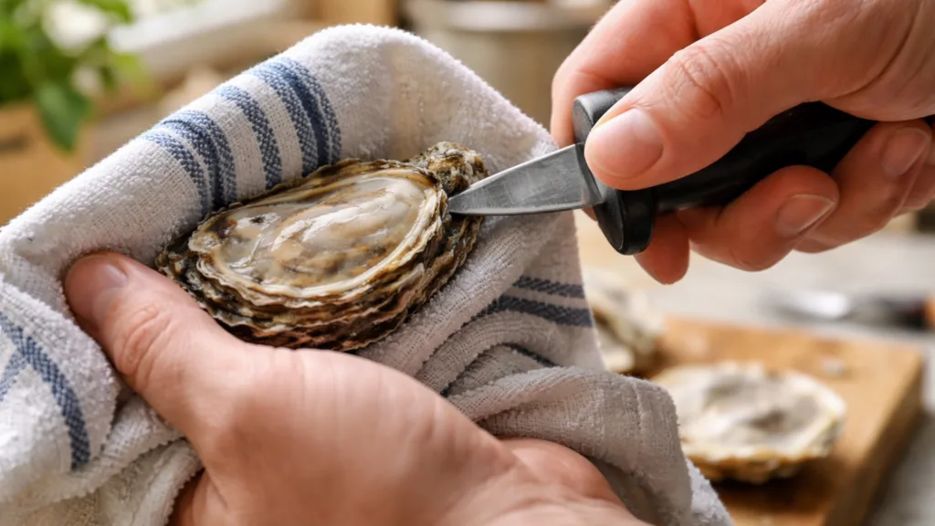 Открытие устрицы ножом через замок