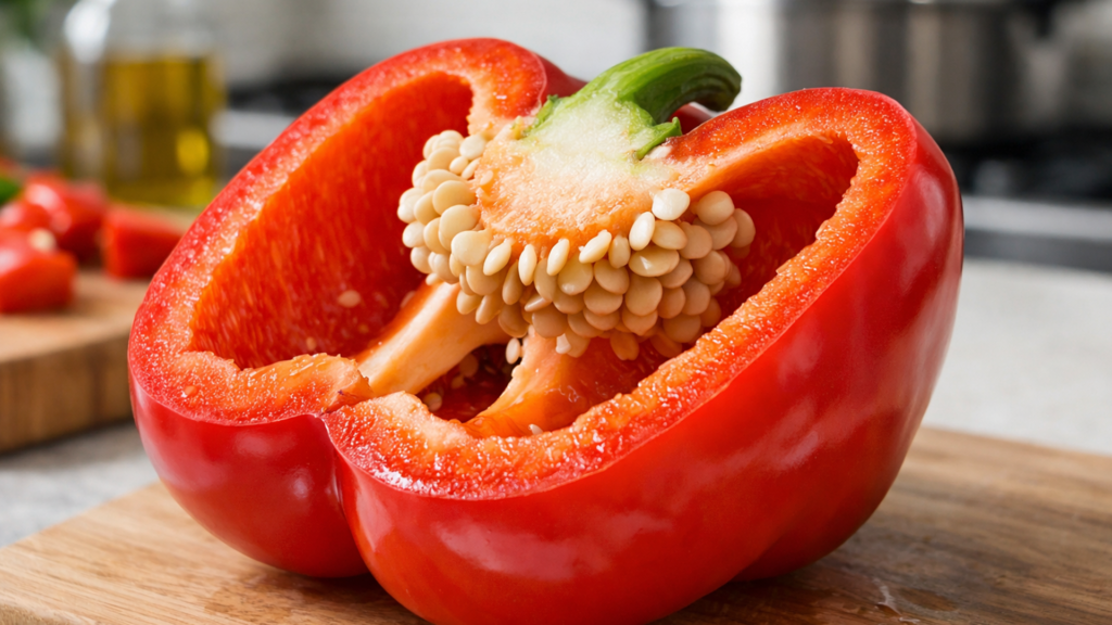 Разрез красного сладкого перца с толстой стенкой