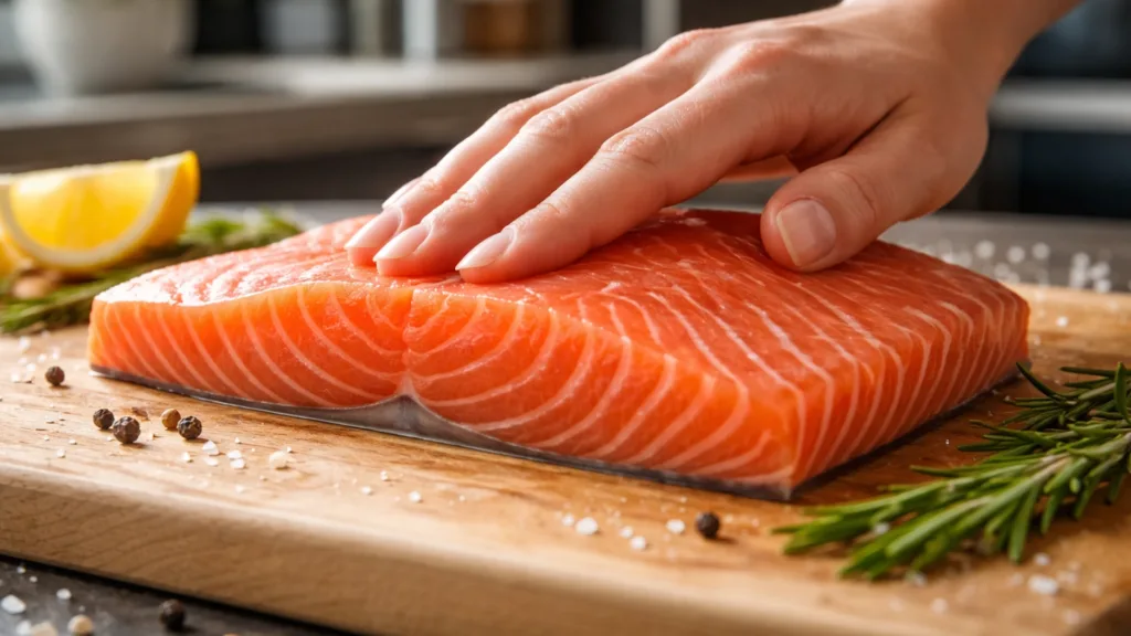 Проверка упругости филе красной рыбы