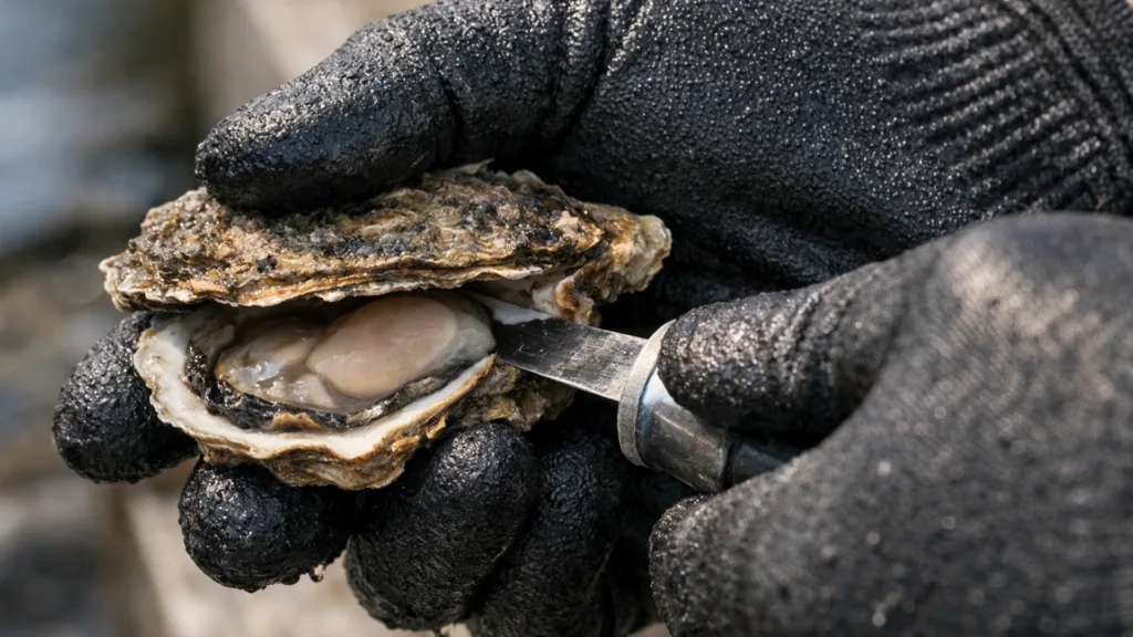 Безопасное открытие устрицы в перчатке