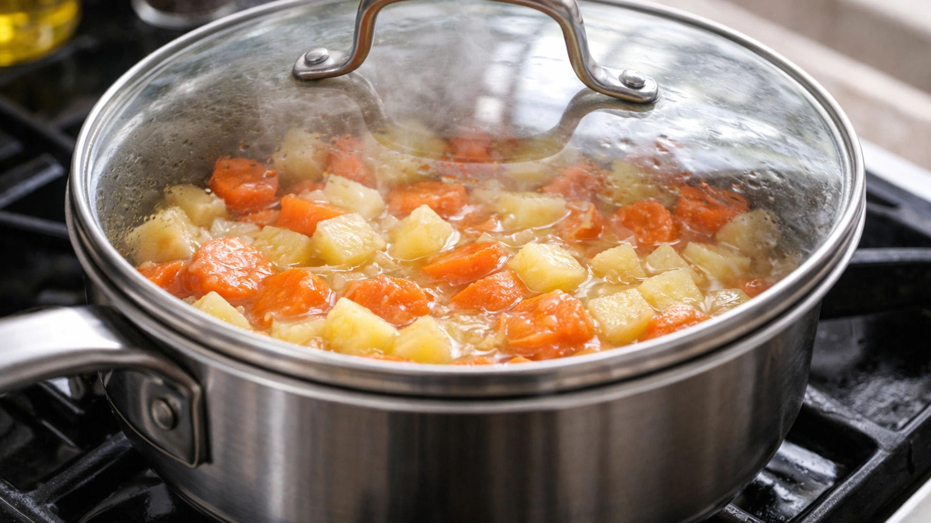 Овощи тушатся под крышкой в кастрюле