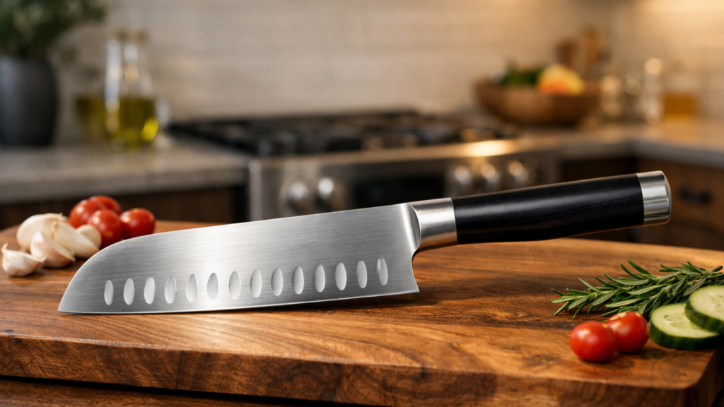 Японский нож сантоку на разделочной доске