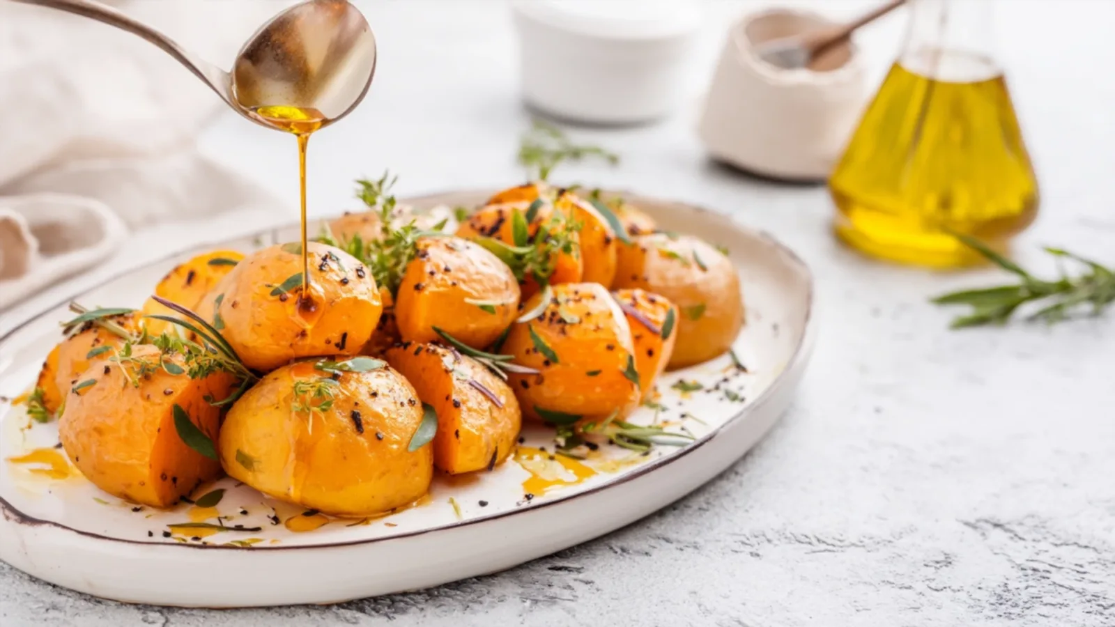 Фото блюда: Тёплый картофельный салат с ярким ароматом тыквенного масла