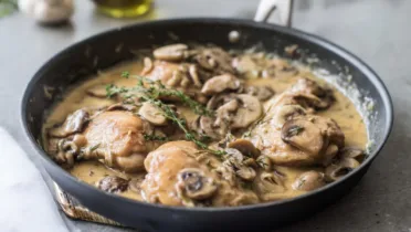 Фото рецепта Сливочные куриные бедра с грибами и нежным ароматом тимьяна