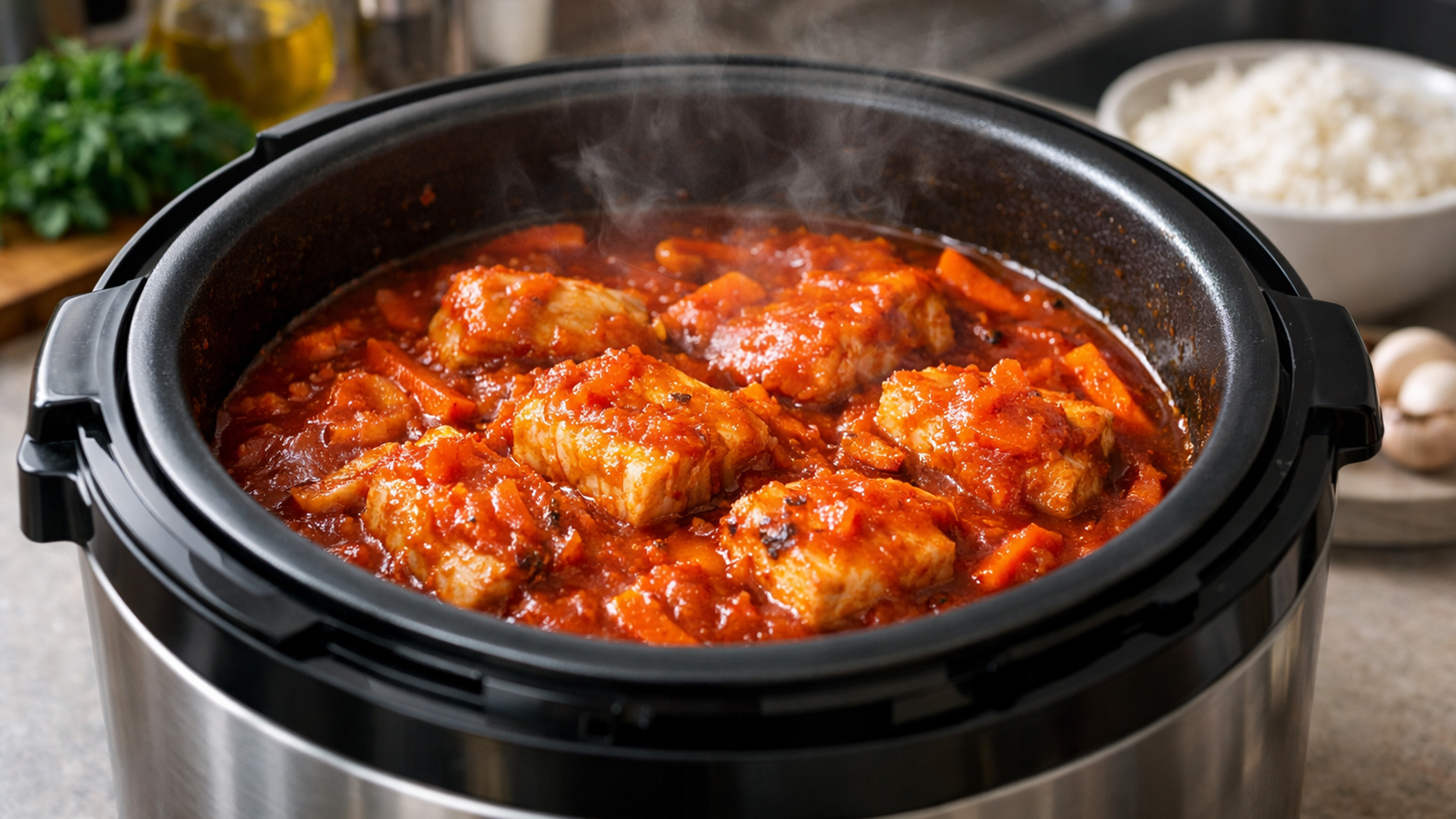 Минтай в томатном соусе в мультиварке с морковью и луком на кухонной поверхности