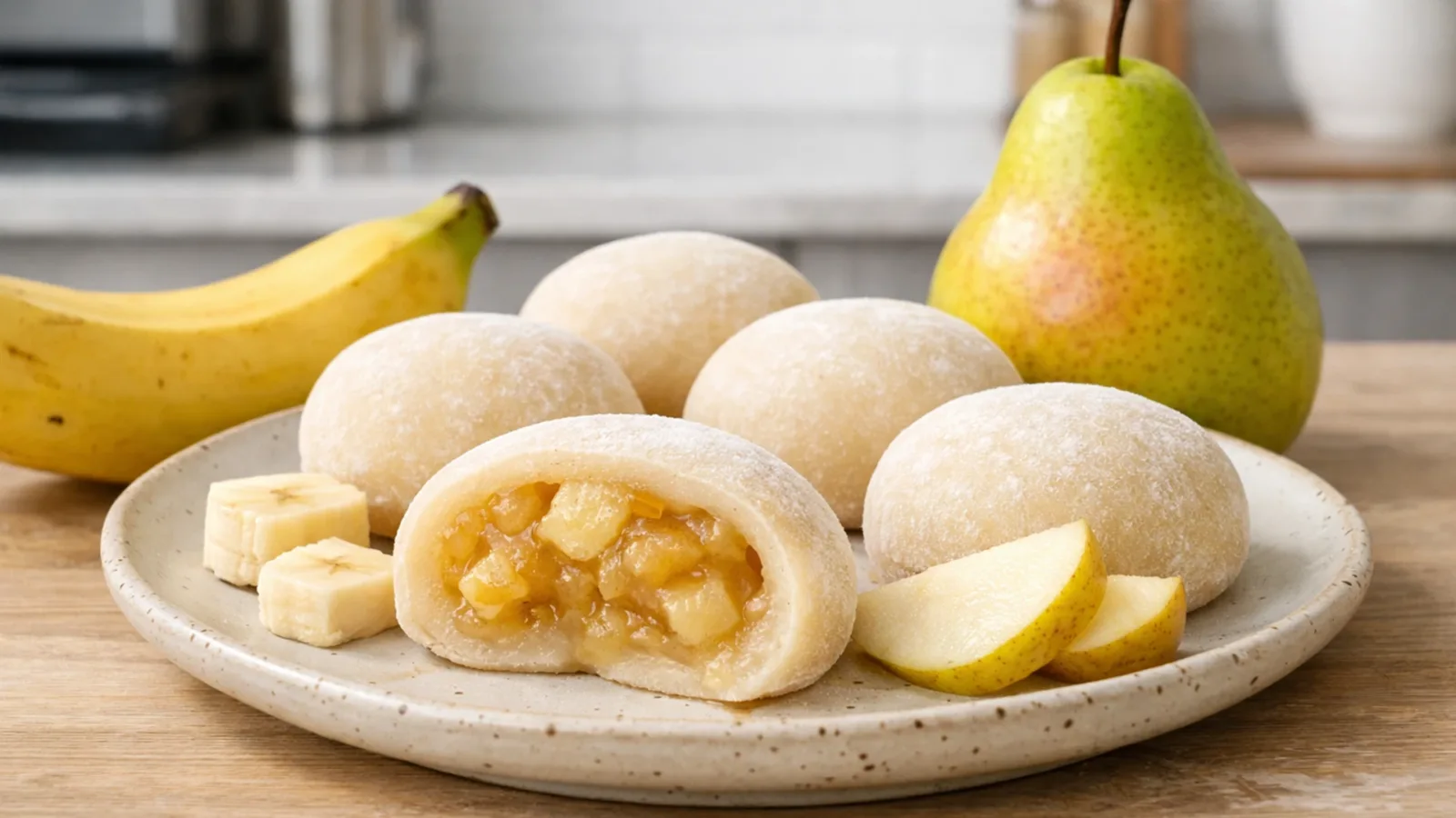 Фото блюда: Нежные моти с бананом и грушей в натуральном фруктовом тесте